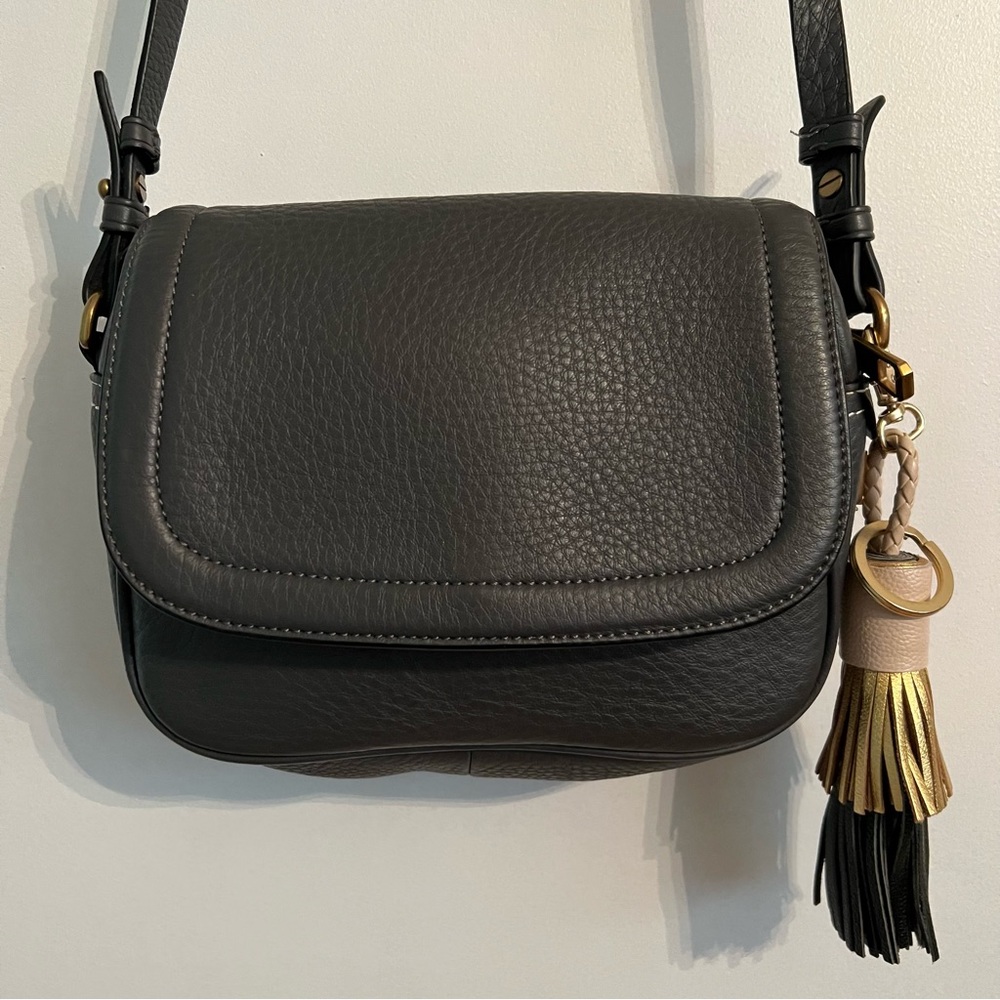 J. Crew Gray Leather Camera Crossbody Bag with Tassel Keychain